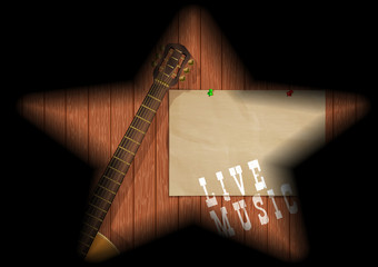 Musical background guitar on a wooden board in the gap and the shadows in the form of a star.