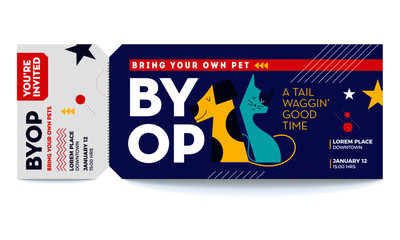 Obraz premium Pet Party Vector Tickets Template. You are Invited Ticket for entrance to the party. Modern elegant template of Ticket Card. Vector illustration of a dog and cat