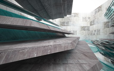 Abstract interior of concrete with blue water. Architectural background. 3D illustration and rendering 