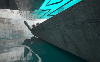 Abstract interior of concrete with blue water. Architectural background. 3D illustration and rendering 