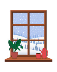 View from the window with a wooden frame on the winter landscape. On the window of the kettle, a mug and a green plant. Vector.                                                