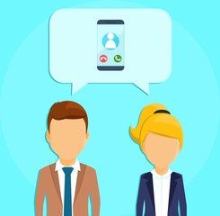 Business concept. A guy and a girl in business suits. Speech bubble with a telephone icon.  In flat style on blue background. Cartoon.