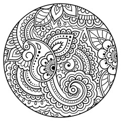 Outline round floral pattern for coloring book page. Antistress for adults and children. Doodle ornament in black and white. Hand draw vector illustration.