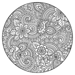 Outline round floral pattern for coloring book page. Antistress for adults and children. Doodle ornament in black and white. Hand draw vector illustration.