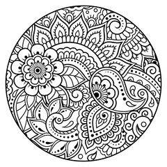 Outline round floral pattern for coloring book page. Antistress for adults and children. Doodle ornament in black and white. Hand draw vector illustration.