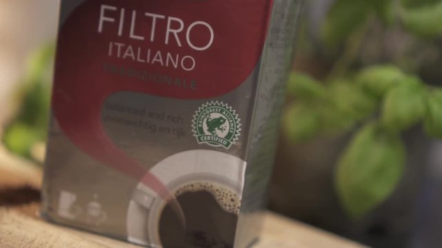 A shot of the Rainforest Alliance Certified logo on a pack of Lavazza filter coffee