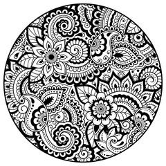 Outline round floral pattern for coloring book page. Antistress for adults and children. Doodle ornament in black and white. Hand draw vector illustration.