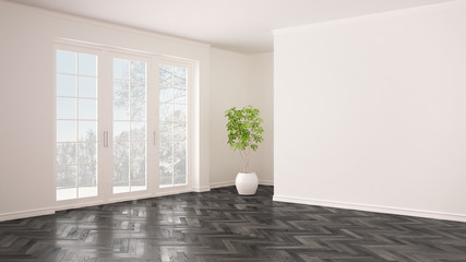 Fototapeta premium Empty white interior with big panoramic window, winter panorama with snow and tree, herringbone parquet floor, classic contemporary design, concept idea, copy space blank background