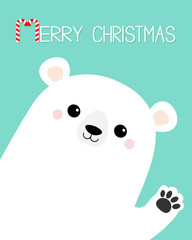 Merry Christmas. Big white polar bear waving hand paw print. Cute cartoon funny kawaii baby character. Happy New Year. Greeting Card. Flat design. Blue background. Greeting card.
