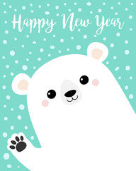 Happy New Year. White polar bear waving hand paw print. Cute cartoon funny kawaii baby character. Merry Christmas Greeting Card. Flat design. Greeting card. Blue snow background.