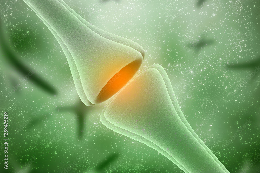 Poster synapse and neuron cells sending electrical chemical signals. 3d rendering