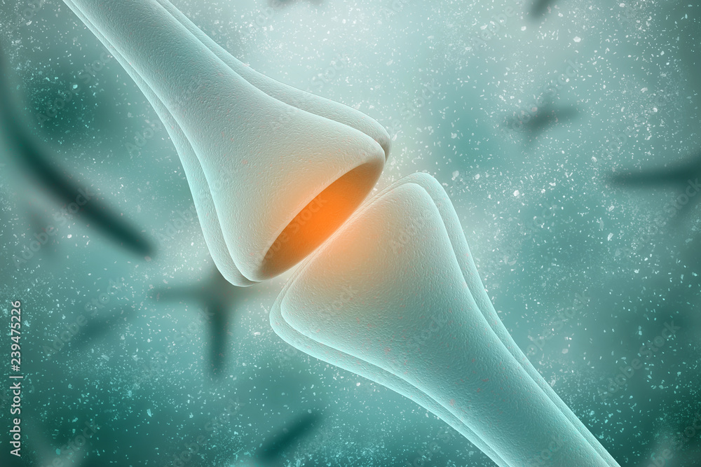 Poster synapse and neuron cells sending electrical chemical signals. 3d rendering