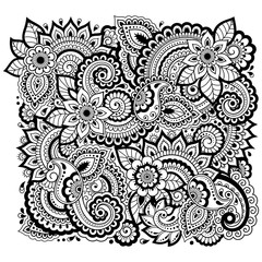 Outline floral pattern for coloring book page. Antistress for adults and children. Doodle ornament in black and white. Hand draw vector illustration.