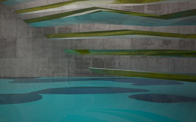 Obraz premium Abstract interior of concrete with blue water. Architectural background. 3D illustration and rendering 