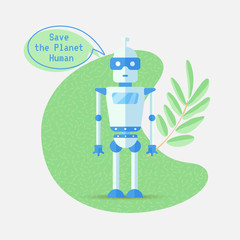 Save the planet cartoon vector concept with robot, AI and green branch of leaves. Robot and nature concept, blue flat cartoon bot with Save the planet speech bubble and leaf. Ecology concept, eco bot