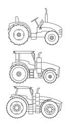 Thre tractors set.  Line art style vector illustration of a tractor isolated. Heavy agricultural machinery for field work