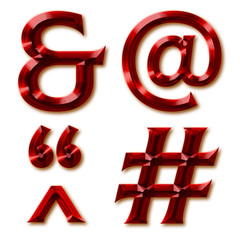 Punctuation marks from stylish faceted ruby alphabet, shiny gemstone letters, numbers and punctuation marks