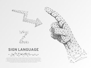 Origami Sign language Z letter, arrow showing how to move, low poly model of human hand pointing, showing. Deaf people silent communication. Polygonal connection wireframe. Vector on white background