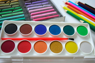 colored pencils, felt-tip pens, color palette, rainbow, stationery, spectrum, art pastels, crayons, watercolor paints, tassel