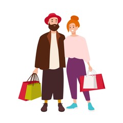 Cute happy couple carrying shopping bags. Smiling man and woman holding their purchases. Pair of shopaholics. Funny cartoon characters isolated on white background. Colorful flat vector illustration.