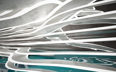 Empty dark abstract brown concrete room smooth interior with blue water. Architectural background. Night view of the illuminated. 3D illustration and rendering