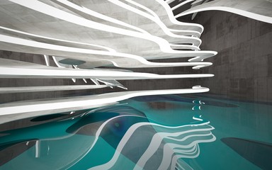 Empty dark abstract brown concrete room smooth interior with blue water. Architectural background. Night view of the illuminated. 3D illustration and rendering