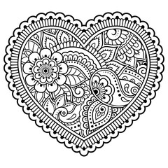 Mehndi flower pattern in form of heart for Henna drawing and tattoo. Decoration in ethnic oriental, Indian style. Valentine's day greetings. Coloring book page.