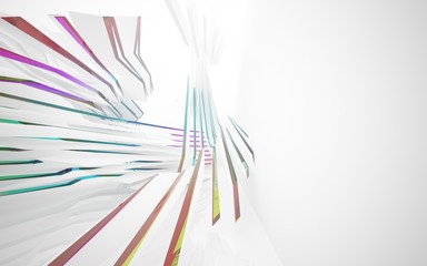 Fototapeta na wymiar abstract architectural interior with white sculpture and geometric gradient glass lines. 3D illustration and rendering