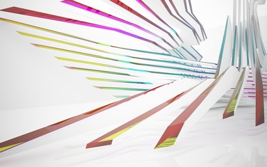 Obraz premium abstract architectural interior with white sculpture and geometric gradient glass lines. 3D illustration and rendering