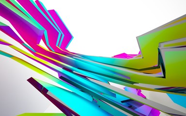 Abstract dynamic interior with gradient colored objects. 3D illustration and rendering