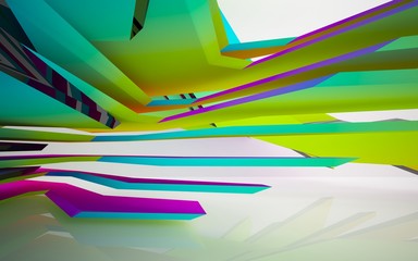 Abstract dynamic interior with gradient colored objects. 3D illustration and rendering