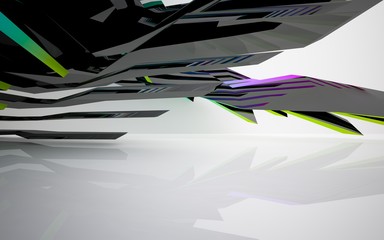 Abstract white interior of the future, with glossy black and colored gradient sculpture. 3D illustration and rendering