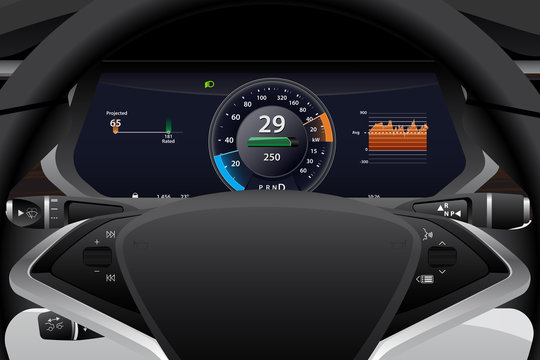 Electric car dashboard display closeup. Speedometer, battery level and efficiency indicator