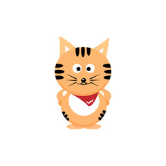Cat, tiger with red scarves cartoon cute character flat design isolated on white abstract background vector illustration