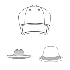Vector illustration of headgear and cap sign. Collection of headgear and accessory stock vector illustration.
