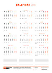 Calendar template for 2019 year. Week starts on Monday. Vector illustration