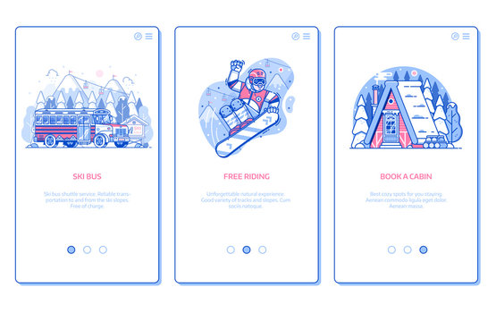 Winter ski resort onboarding mobile app page screens with snow chalet, snowboard free riding and ski bus service in line art design. Winter holidays in mountains vertical banners for applications.
