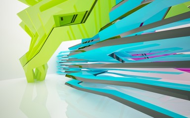 Abstract dynamic interior with gradient colored objects and brown lines. 3D illustration and rendering