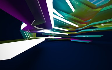 Abstract interior of the future in a minimalist style with gradient colored sculpture. Night view . Architectural background. 3D illustration and rendering