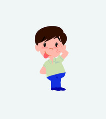 Businessman in casual style sticks out his tongue in gesture of funny shyness.