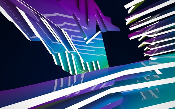 Abstract interior of the future in a minimalist style with gradient colored sculpture. Night view . Architectural background. 3D illustration and rendering © SERGEYMANSUROV