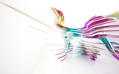 abstract architectural interior with colored smooth glass sculpture. 3D illustration and rendering
