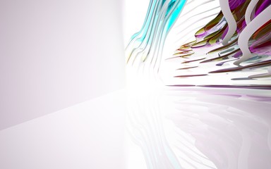 abstract architectural interior with colored smooth glass sculpture. 3D illustration and rendering