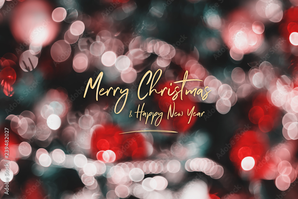 Poster merry christmas and happy new year on abstract blur decoration ball and light string on christmas tr