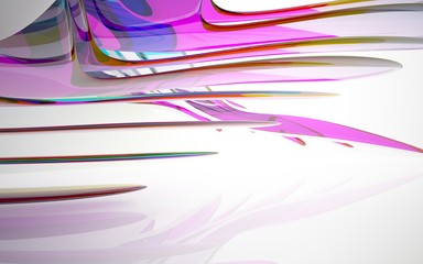 abstract architectural interior with colored smooth glass sculpture. 3D illustration and rendering