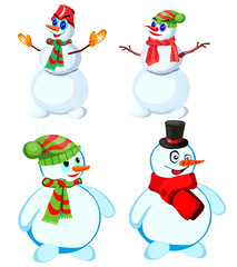 Set of four snowmen in various headdresses and in different scarves