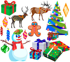 Set for happy Christmas and new year, cartoon icons and illustrations