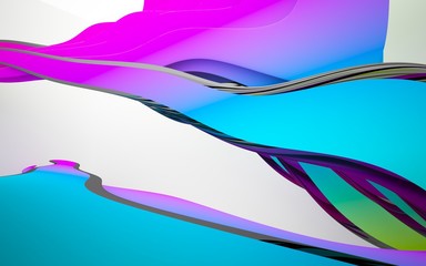 abstract architectural interior with colored smooth sculpture with black lines. 3D illustration and rendering