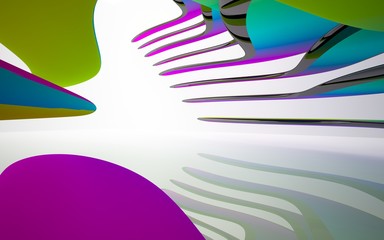 abstract architectural interior with colored smooth sculpture with black lines. 3D illustration and rendering