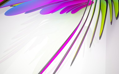 abstract architectural interior with colored smooth sculpture with black lines. 3D illustration and rendering